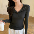 Half-buttoned Hooded Sweatshirt for Women Autumn Winter Striped Inner Layering Shirt Slim Long-sleeved Top T-shirt