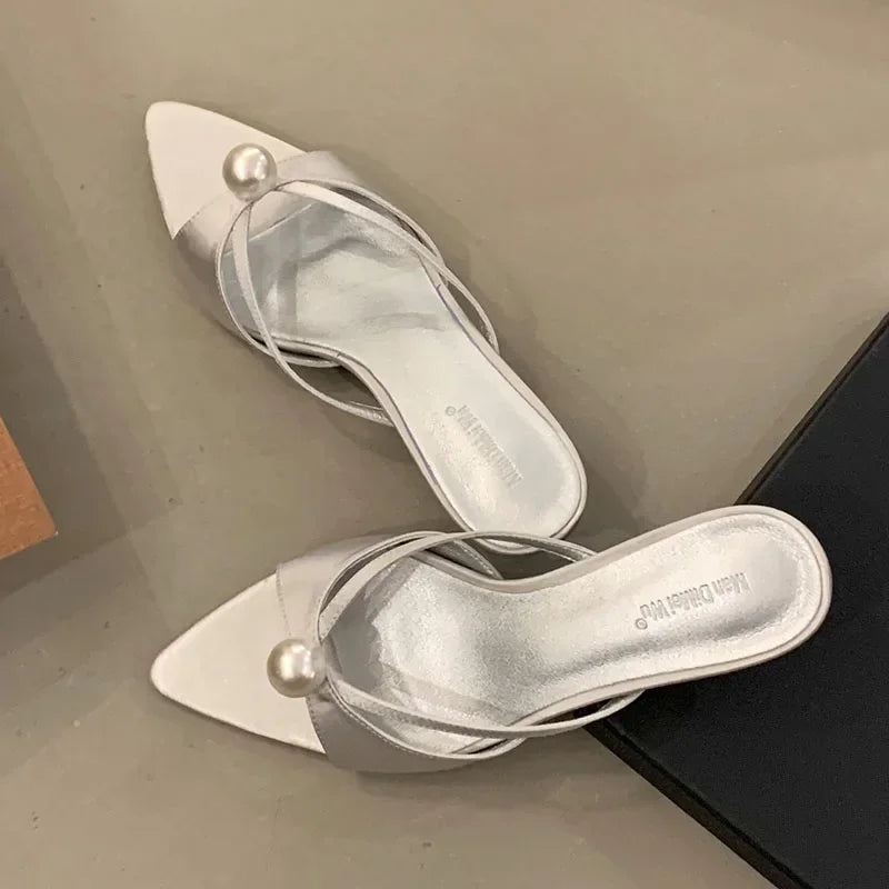 New 2025 Summer Open Toe Women Slippers Sexy Pointed Toe Slides Sandals Elegant Pearls Decoration Thin High Heels for Women