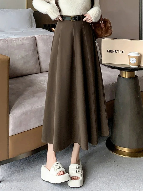 Elegant High Waist A-Line Midi Skirt Women's Fashion Slimming Skirts Autumn Winter New Style Loose Flared Mid-Length Skirts