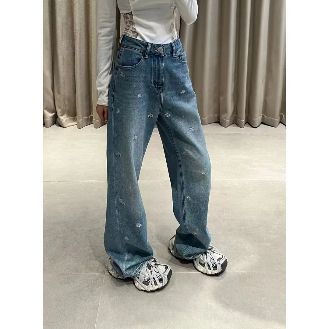 Spring 2025 High Waist Loose Fit Glitter Embroidered Floral Denim Pants Women's Wide Leg Jeans Stylish Casual High Waist