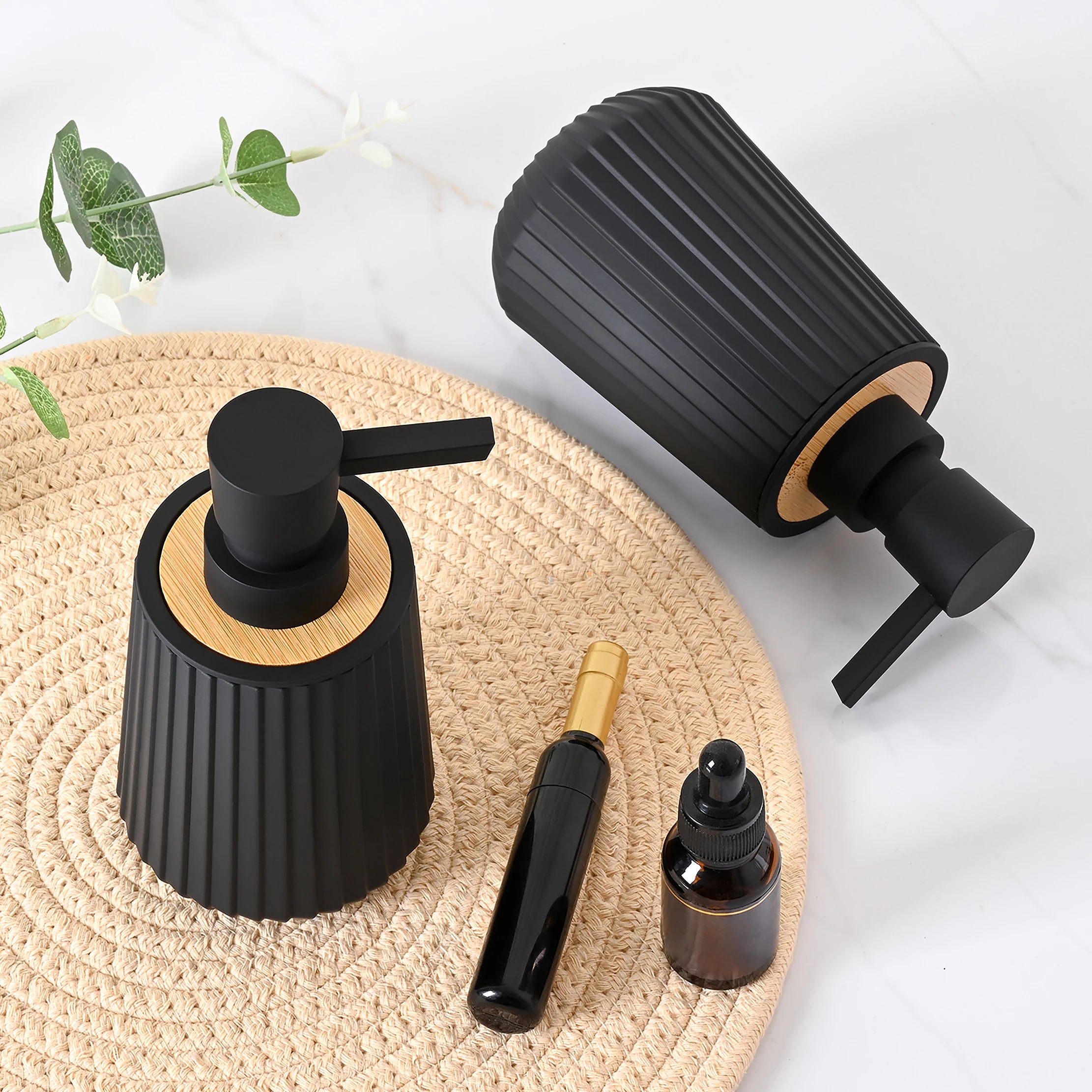 Modern Black Matte Soap Dispenser – Bamboo Trim