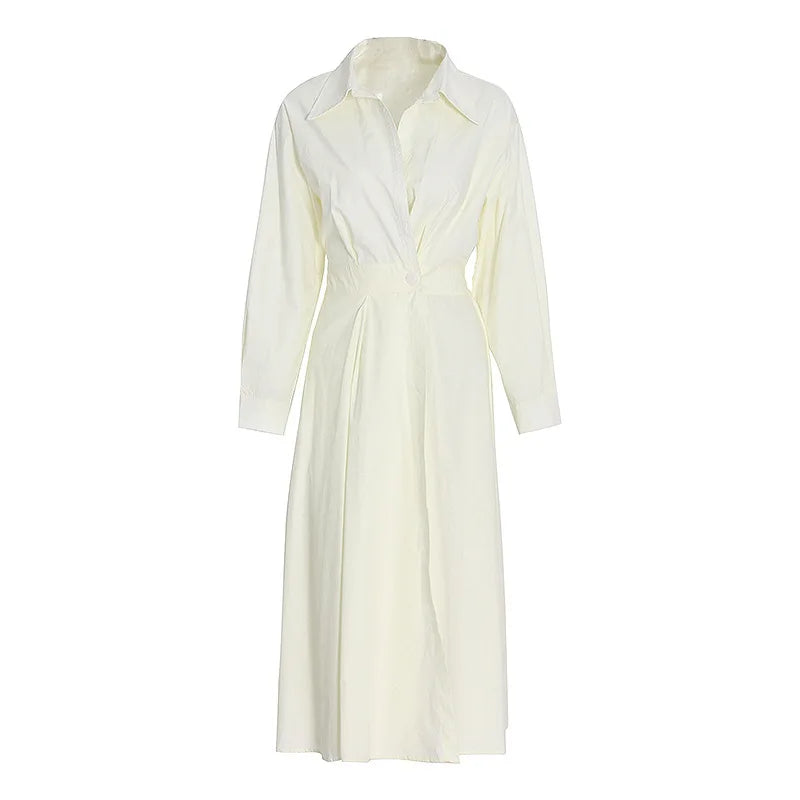 2026 Women's Oversized Elegant Cotton Linen Sundress Lapel Neck High Waist Long Sleeve Long Shirt Dress OL Vestidos Robe Femme