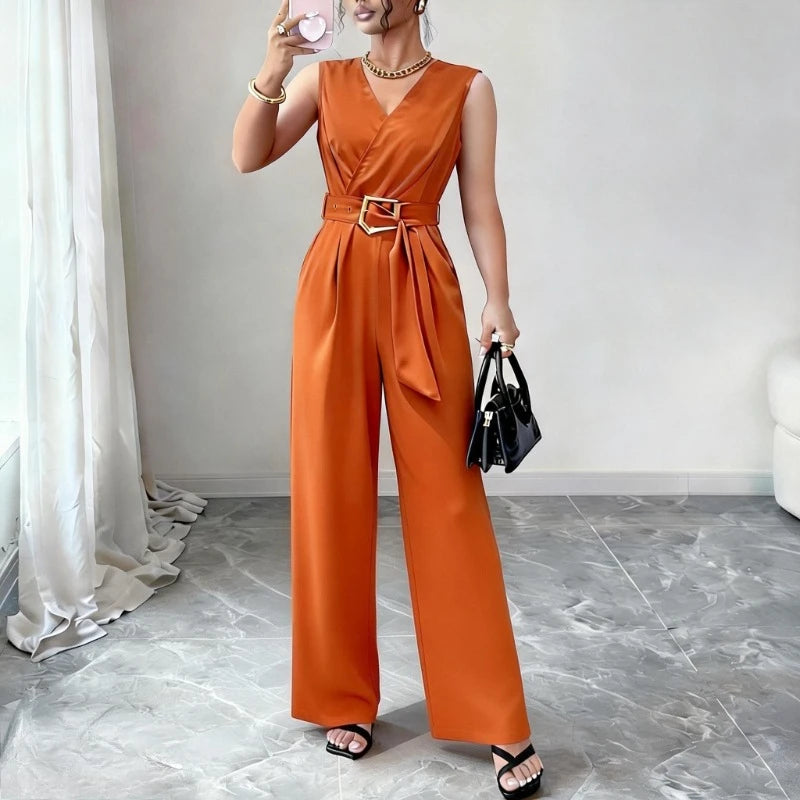 Women's Red Sleeveless V-Neck Pants  Belted Tie Waist Wide Leg Jumpsuit Casual Daily Office Party Elegant Romper Bodysuits