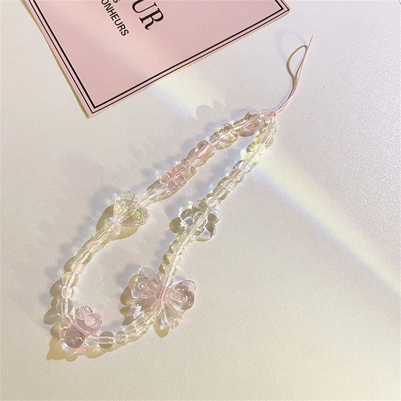 Korean Cute Y2K Pink Bow Bear Heart Beaded Phone Chain Charm Lanyard For iPhone Hanging Rope Girl Jewelry Decoration ﻿