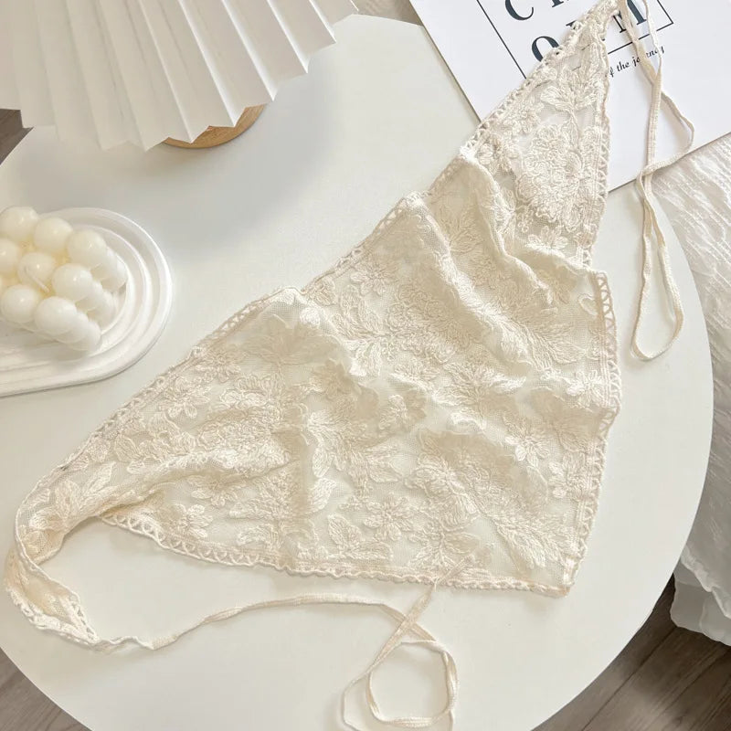 2025 New Style Lace Triangular Binder Headscarf Beige French Farm Style Girl Korean Style Ins Style Lace-up Hair Band Toe Cap