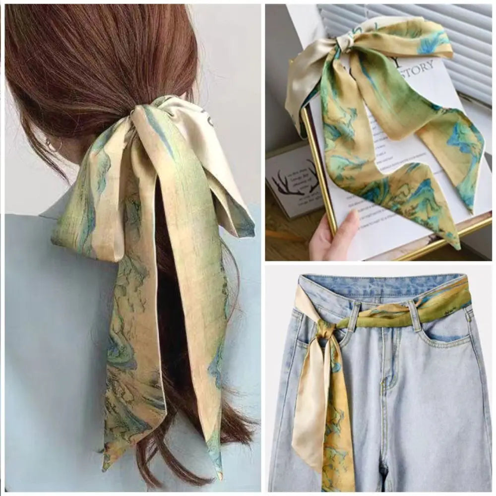 1pc French Scarf Butterfly Tie Hair Retro Oil Print Hair Ribbon Scarf Women Neck Tie Bag Headscarves Floral Bands Headband