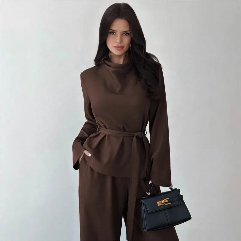Simple Style Two Piece Outfit 2 Pieces Set For Woman New In Matching Sets Loose Wide Leg Trouser Solid Color All-match Commuting