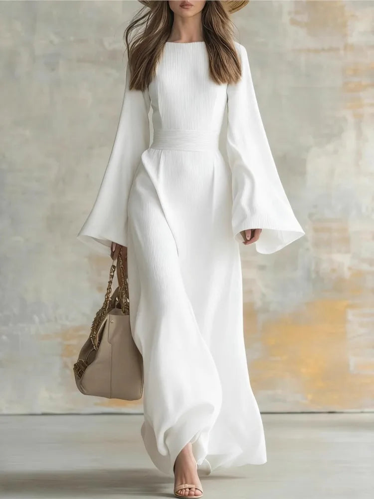 New Spring Elegant Crew Neck Long Dresses Woman Solid Tie-up Bowknot Slim Party Dress Autumn Flare Sleeve Loose Maxi Dress