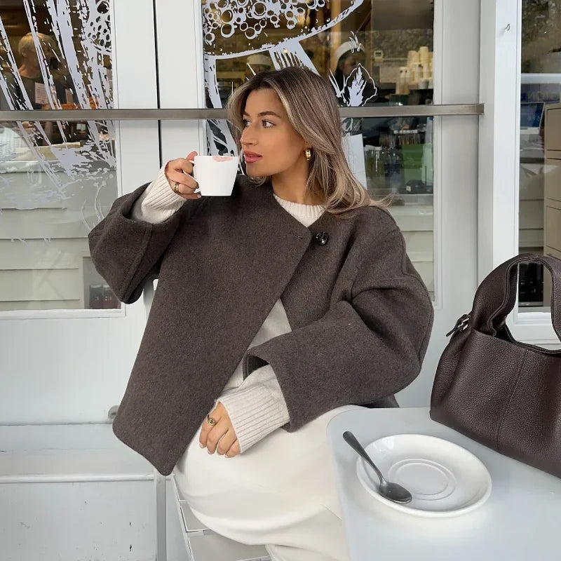 Fashion Women Solid Round Neck Woolen Short Coat Elegant Full Sleeve One Button Loose Women's Jacket 2024 Fall Winter Daily Wear