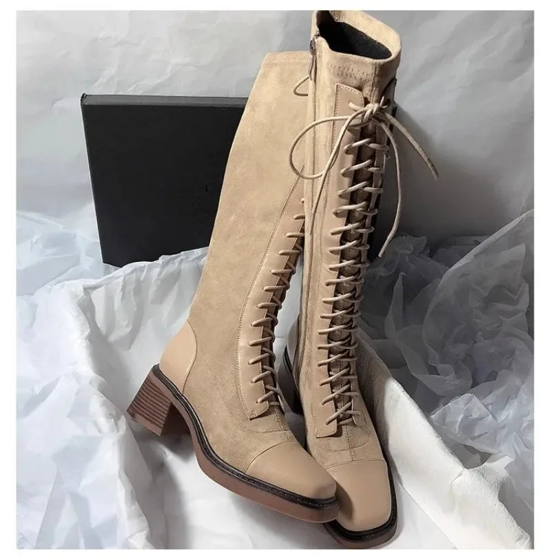 Women's Knee-high Boots High Quality Suede Leather Boot Lace Up Slim Long Tube Boots Knee-high Chelsea Boot Women Fashion Boots