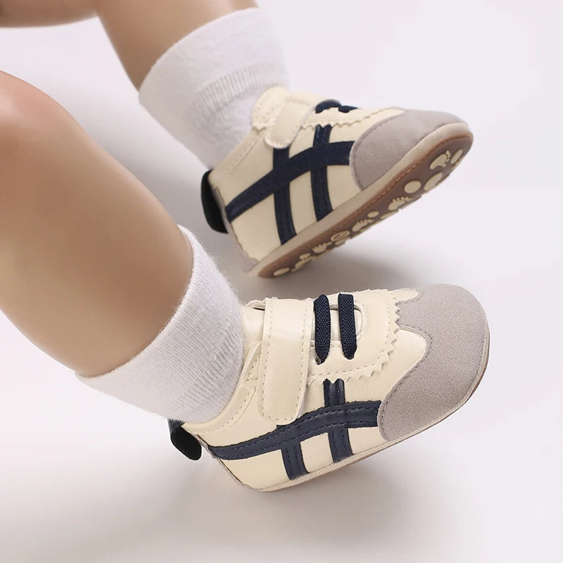 Baby Boys First Walkers – Soft Sole Striped Sneakers (0-12M)