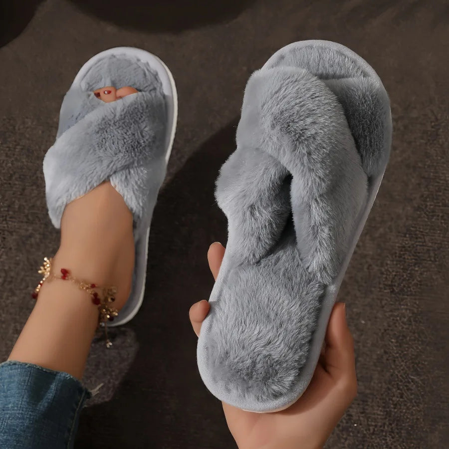 Women’s Furry Cross Band Slippers
