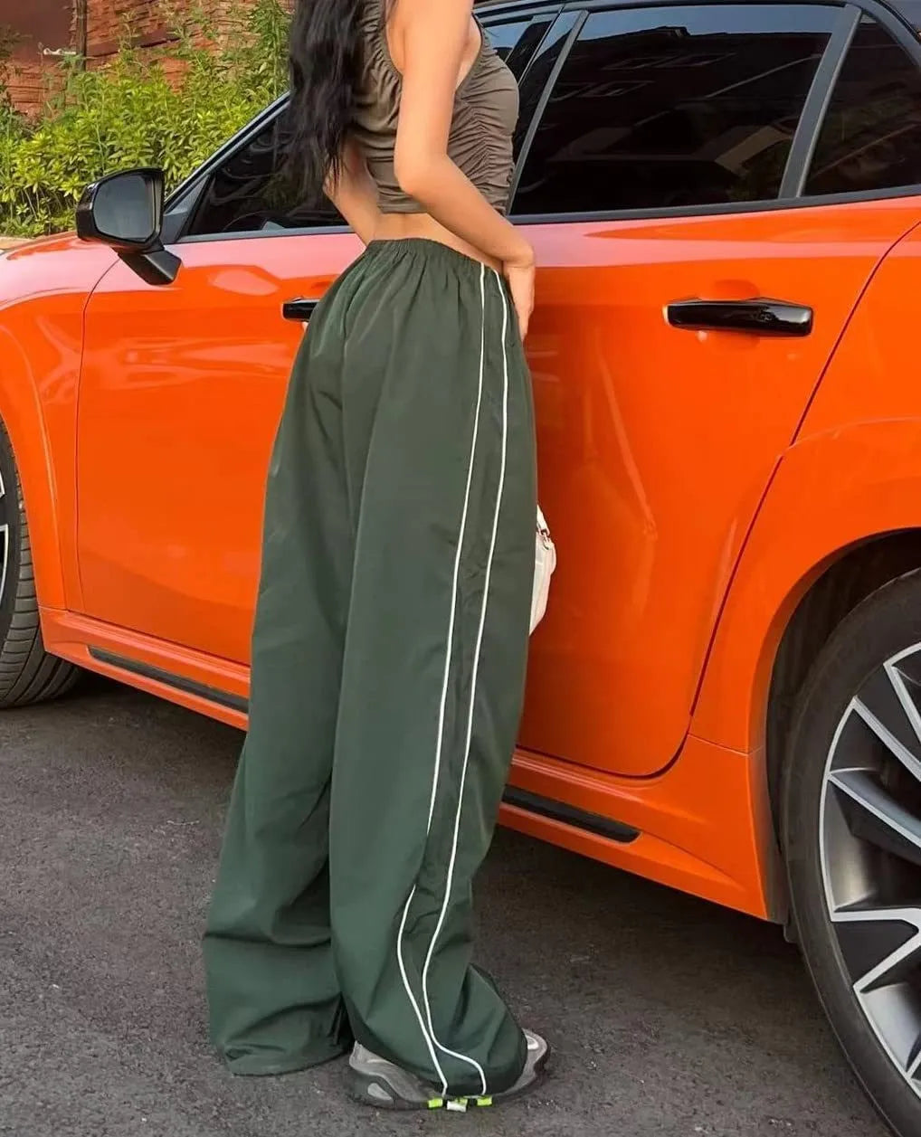 Women's Fashion Drawstring Both Sides Casual Elastic Waist Sports Pants High waist Loose Wide Leg Pants Trousers