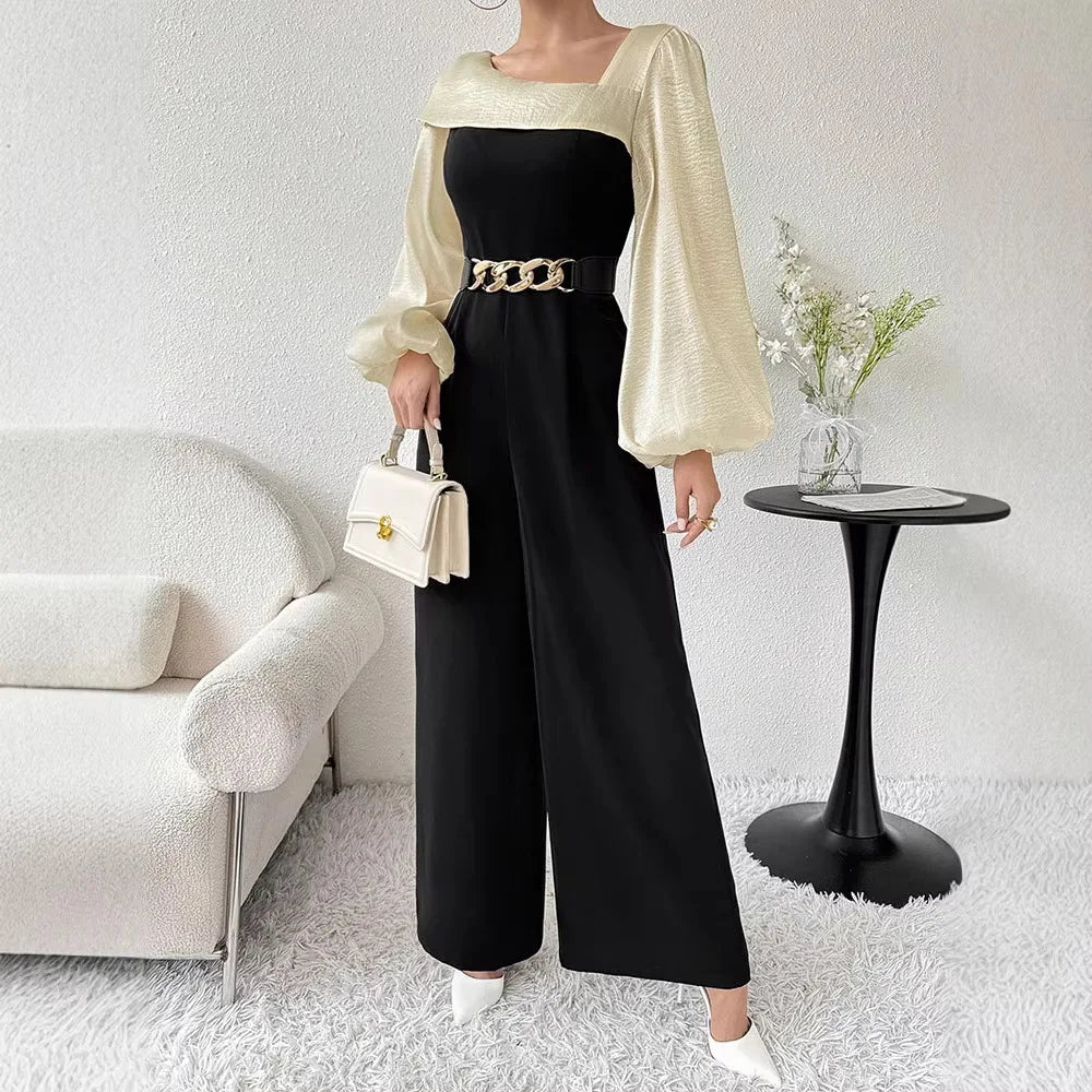 Elegant Long Sleeve Jumpsuit for Women Casual High Waist Wide Leg Pants Fashionable plus Size Polyester Fabric Spring Autumn