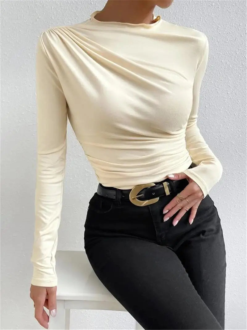 Women's Pleated Long Sleeve T-Shirt Bodycon Fit Polyester Spandex Blend Drawstring Closure  Color European Style Top