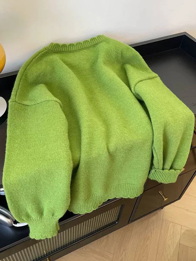 Floral Sweet Green Cardigan Women Long Sleeve Vintage Cute Knitted Sweaters Korean Retro Casual Female O Neck Fall Tops Jackets