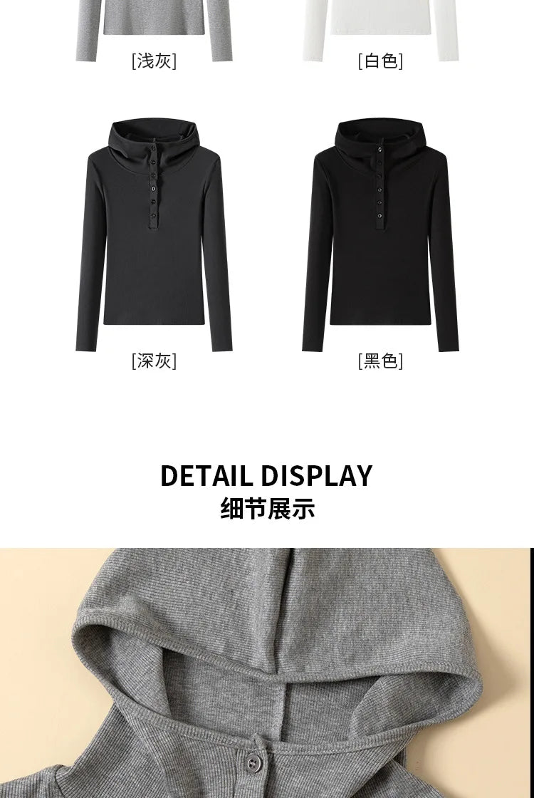 Half-buttoned Hooded Sweatshirt for Women Autumn Winter Striped Inner Layering Shirt Slim Long-sleeved Top T-shirt