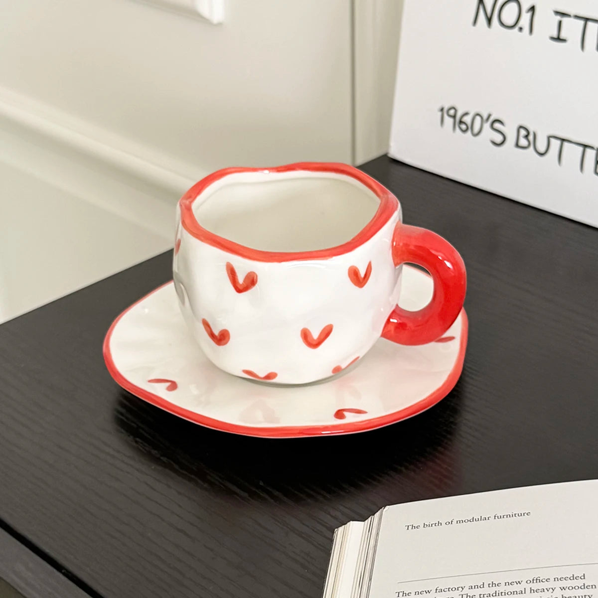 Nordic Hand-Painted Ceramic Coffee Mug & Saucer