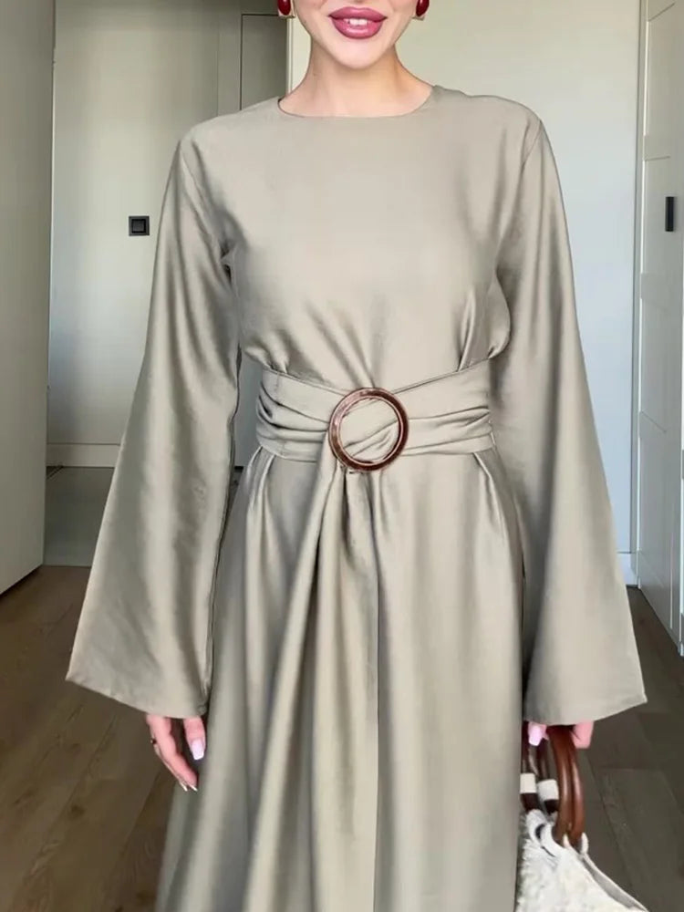 Yitimuceng Elegant Dress for Women Fashion Vintage Long Sleeve Dresses Solid Silm Belt O Neck Midi 2025 New Autumn Winter Dress