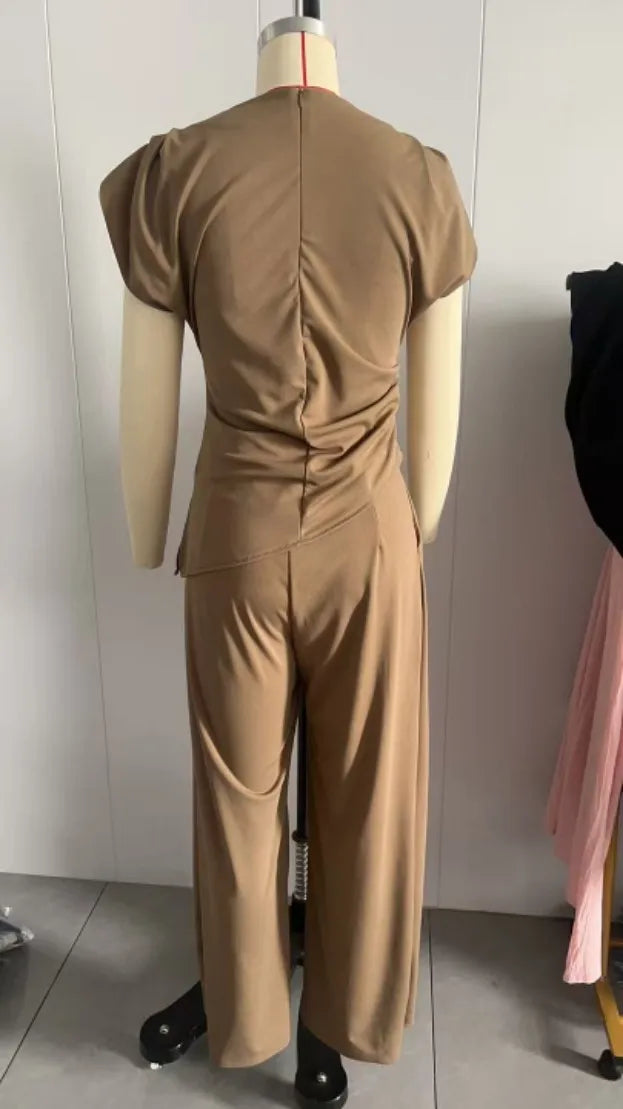 Women's OL Sets Two 2 Pcs Sale Casual O-Neck Sleeveless Irregular Shirt Tops& Pocket Wide Leg Loose Pant Suits OUCFS-W3038