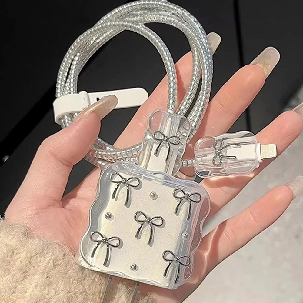 Korean Clear Black Bow Charge Protective Case For iPhone 18W-20W US Data Line Charger Protector Cover Charger Sleeve Accessories