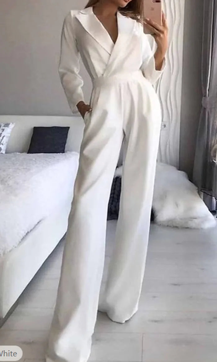 Spring Summer  Jumpsuit Women Mid Waist Elegant Commuting Long Sleeve Suit Overalls Wide Leg Pant Casual Solid Waist Jumpsuit