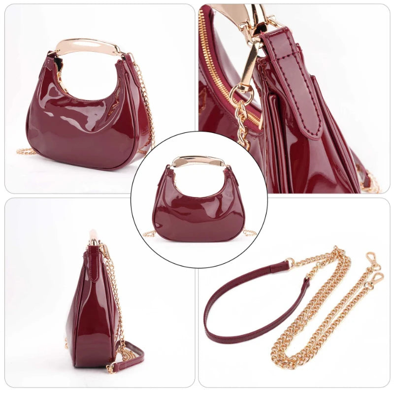 Trendy Burgundy Leather Shoulder Bag Stylish Gold Chain Hobo Bag With Metal Handle Minimalist Half-moon Crossbodybag Evening Bag