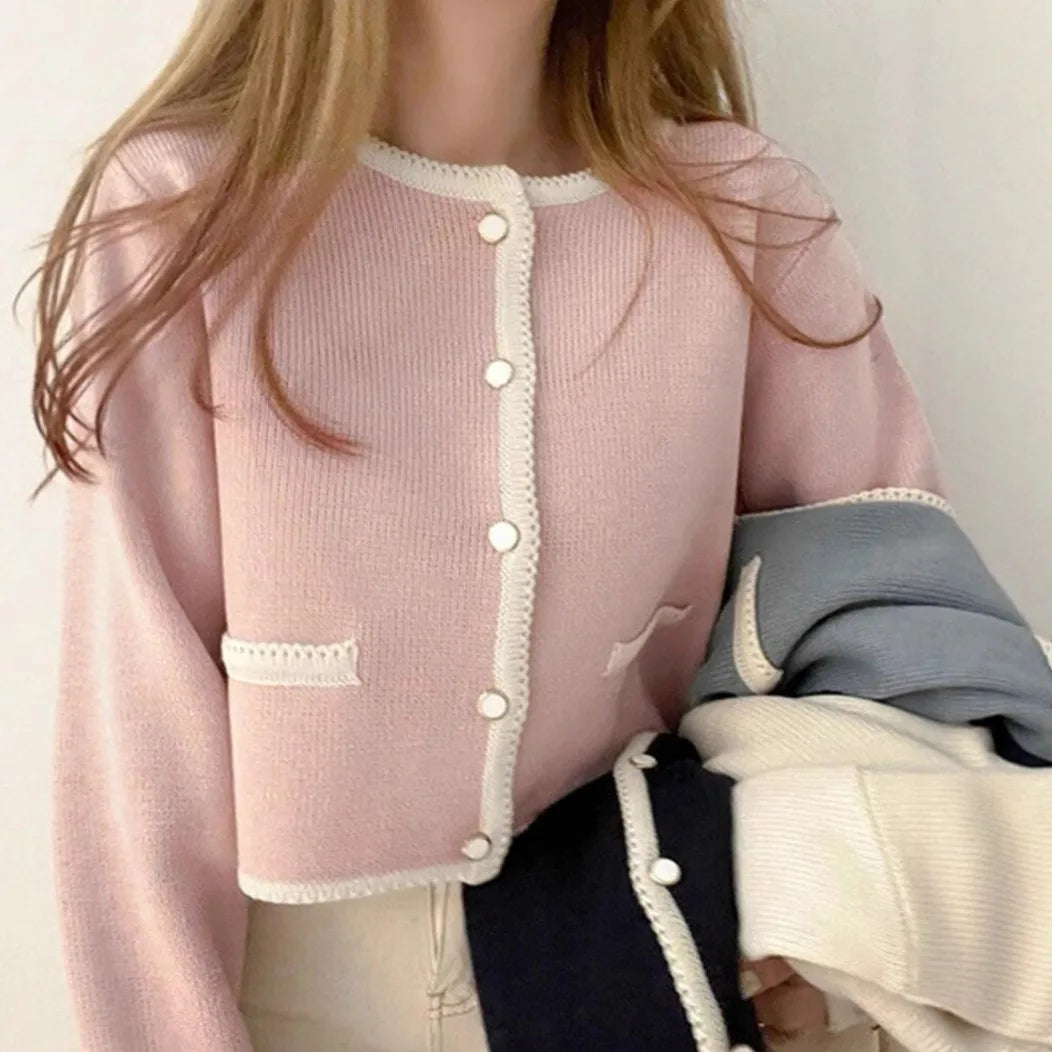 Chic Contrast Color Round Neck Single Button Knit Cardigan Sweater