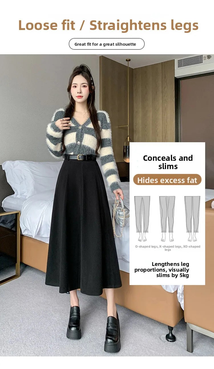 Elegant High Waist A-Line Midi Skirt Women's Fashion Slimming Skirts Autumn Winter New Style Loose Flared Mid-Length Skirts
