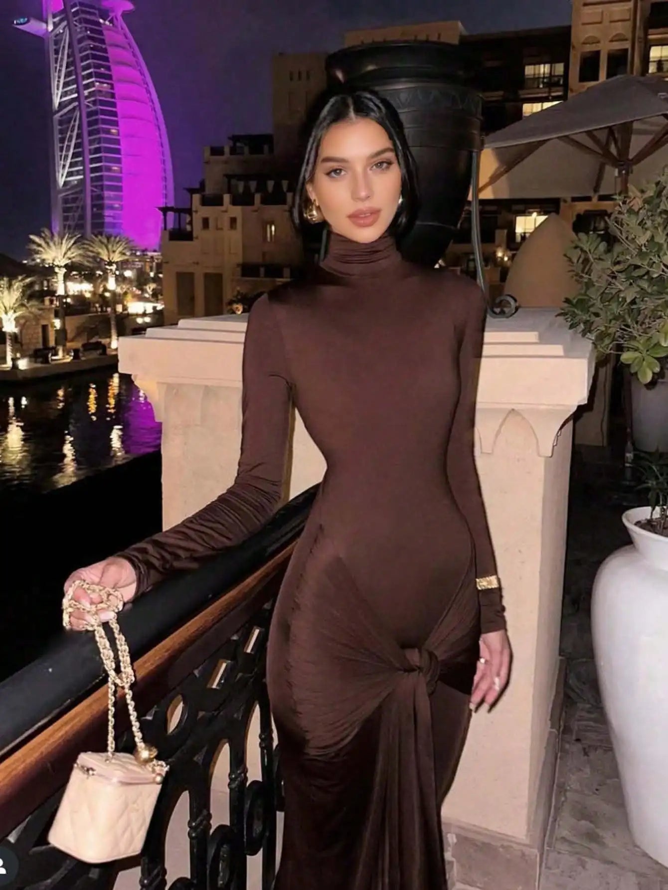 Brown High Neck Fitted Long Dress with Front Knot Detail