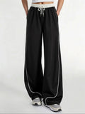 Women's Black & White Color Block Elastic Waist Wide Leg Pants | Euro Style Drawstring Piping Draped Flattering Casual Sports Tr