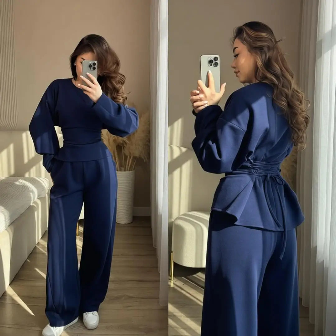 Yaminiya Women Casual Two Piece Set Long Sleeve Back Tie Waist Ruffle Hem Top & Wide Leg Pants Solid Color Loungewear Tracksuit