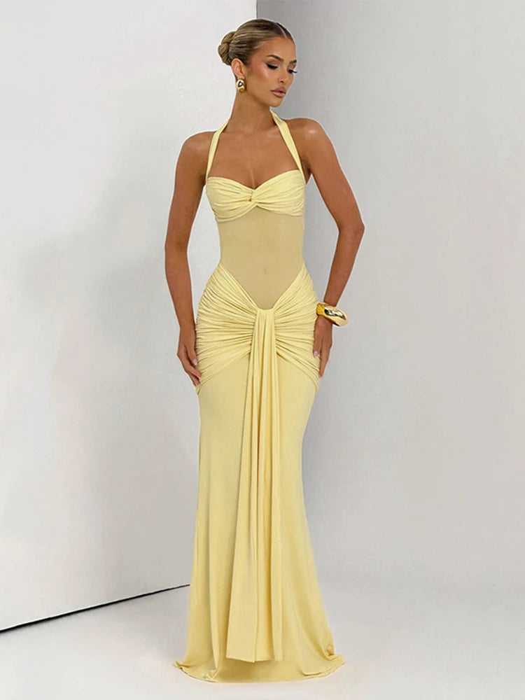 kliou Patchwork Elegant Women Maxi Dress Classic Sexy Sheer Ribbons Halter Backless Bodycon Female Trend Festival Evening Wear