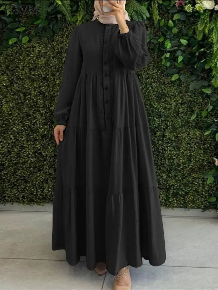 ZANZEA 2026 Spring Loose Dresses Fashion Muslim Abaya Robe Femme Elegant Long Sleeve Work Sundress Women Maxi Long Dress Kaftan