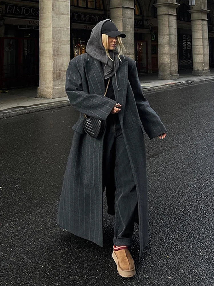 Vintage Women's Striped Woolen Overcoat Long Sleeve Fashion Lapel Oversized Coat 2025 Autumn Winter Commute Jacket for Ladies