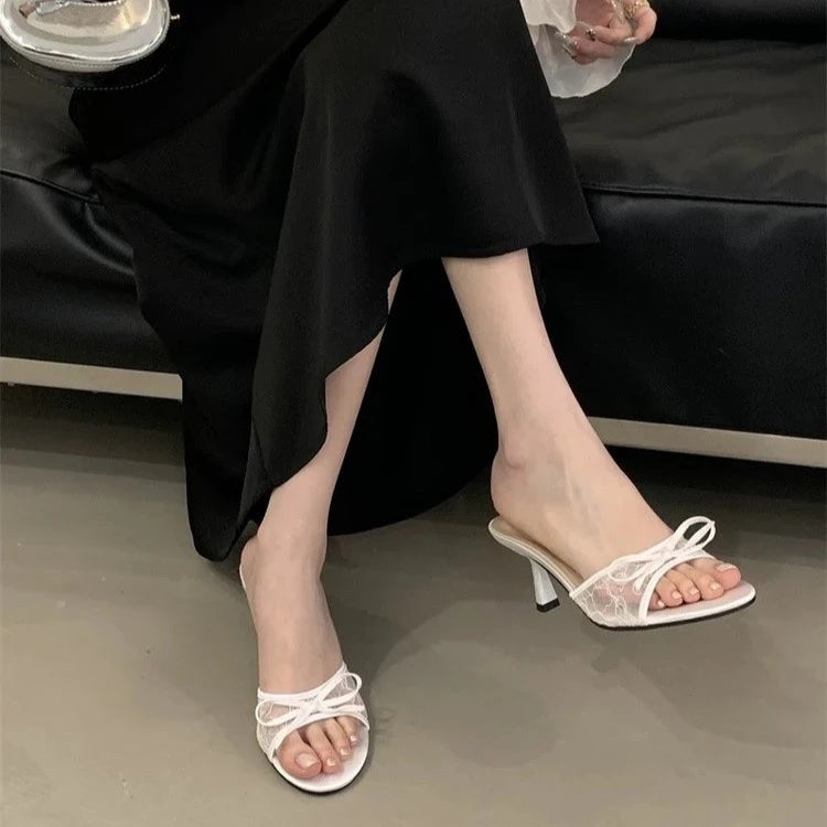 Sexy Style Bow Flat Sandals for Women 2026 Summer New Thin High Heel Open Toe Elegant Versatile Slippers