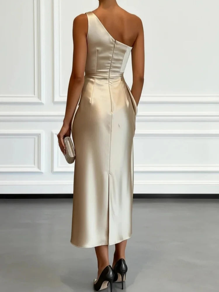 Women Skew Collar Patchwork Maxi Dress Sleeveless Chic Holiday Party Casual Fashion Ladies Summer Solid Dress Streewtear Vestido