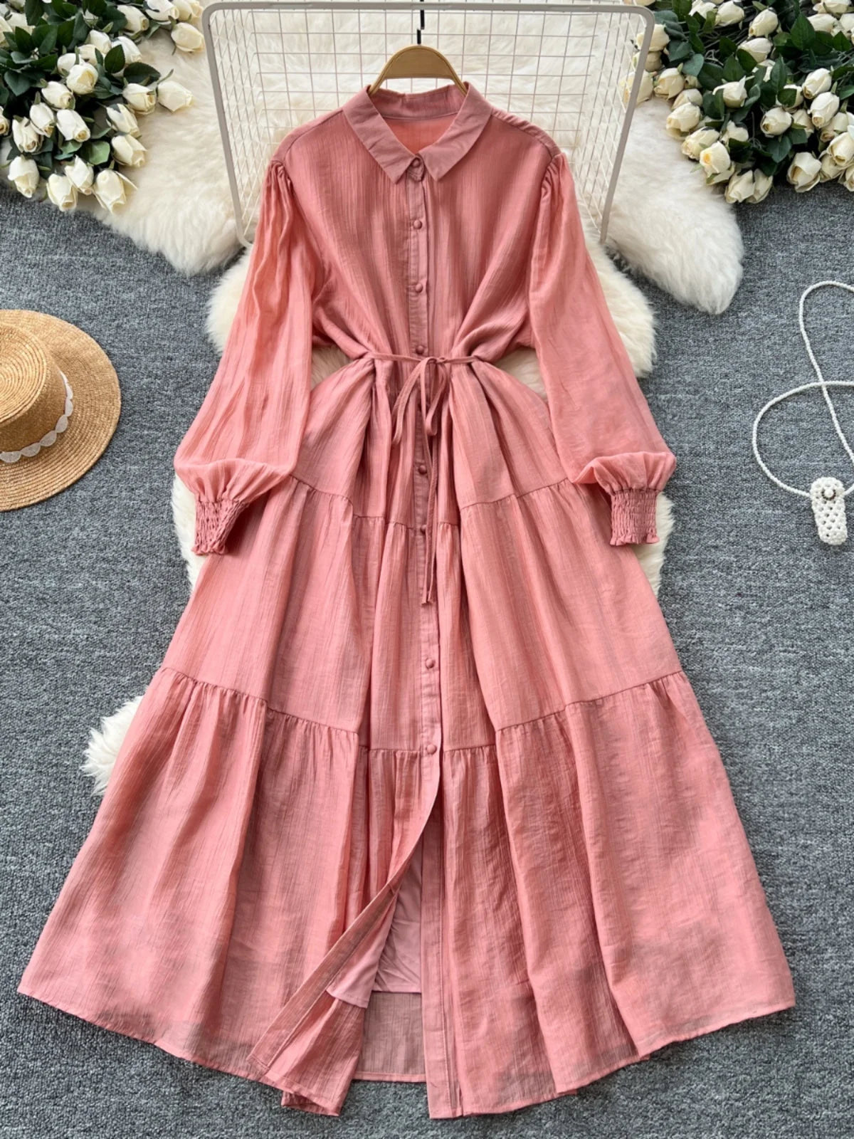 Chic Vintage Casual Long Sve irt Dr Women Loose Waist Cinched Faionable Long Skirt Korean Sle High Waist A-Line