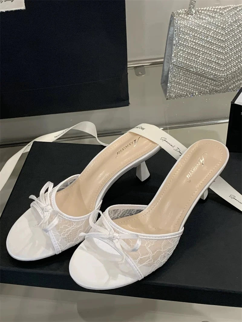 Sexy Style Bow Flat Sandals for Women 2026 Summer New Thin High Heel Open Toe Elegant Versatile Slippers