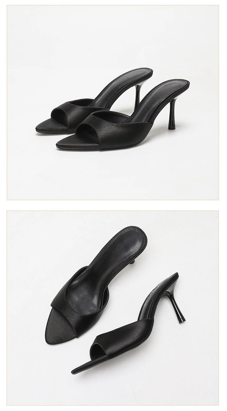 2026 New Arrival Women's Satin Mule Shoes High Heel Stiletto Slip On Sandals Fashion Elegant Party Wedding Shoes Champagne Beige