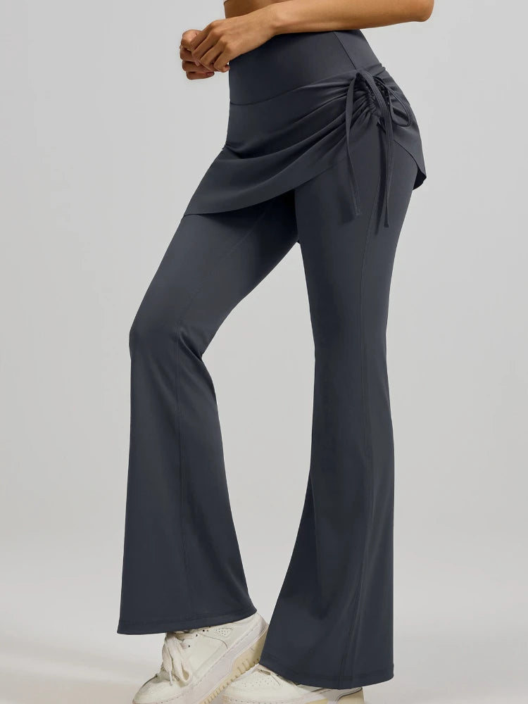 Women's Flared Yoga Pants High Waist Fake Two Piece Drawstring Pleated Wrap Skirt Trouser Tummy Control Running Workout Pants