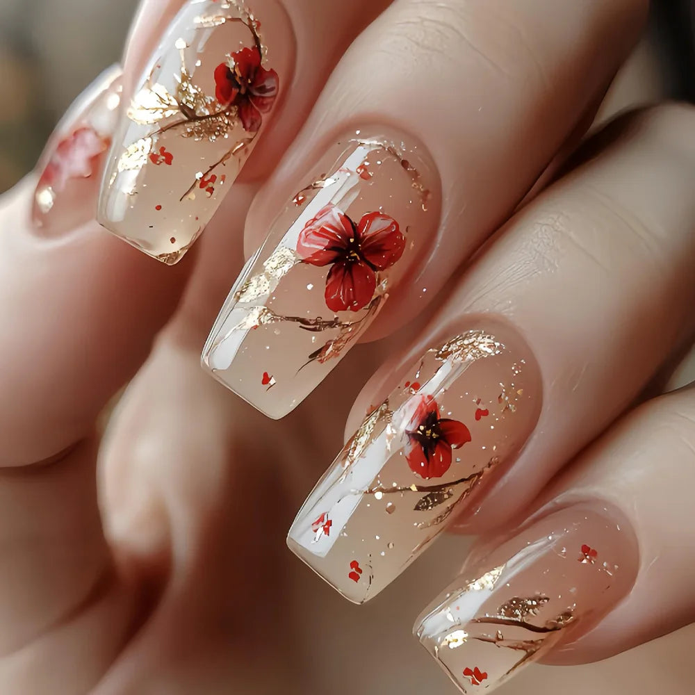 24Pcs Short Almond Press-On Nails Pink Floral French Tip Glossy&Elegant Full Cover Fake Nails for Women&Girls Spring,Daily Wear
