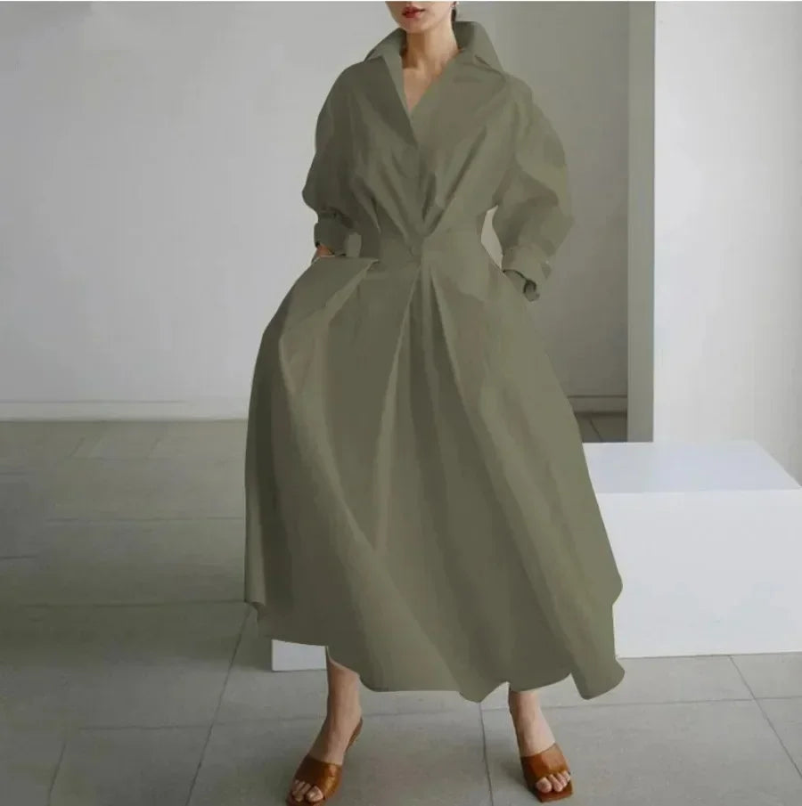 2026 Women's Oversized Elegant Cotton Linen Sundress Lapel Neck High Waist Long Sleeve Long Shirt Dress OL Vestidos Robe Femme