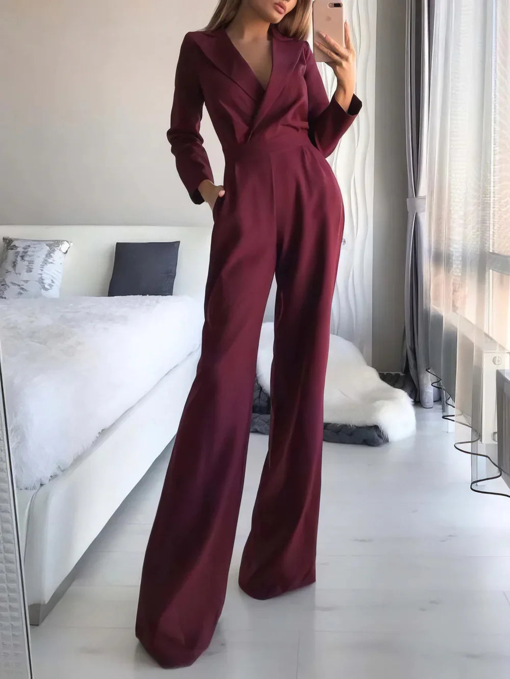 Spring Summer  Jumpsuit Women Mid Waist Elegant Commuting Long Sleeve Suit Overalls Wide Leg Pant Casual Solid Waist Jumpsuit