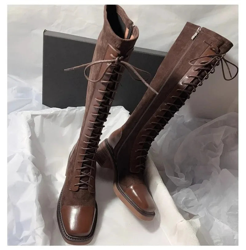 Women's Knee-high Boots High Quality Suede Leather Boot Lace Up Slim Long Tube Boots Knee-high Chelsea Boot Women Fashion Boots