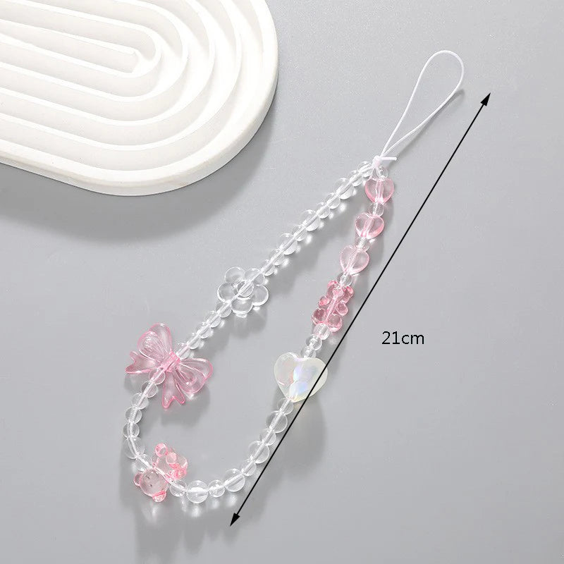 Korean Cute Y2K Pink Bow Bear Heart Beaded Phone Chain Charm Lanyard For iPhone Hanging Rope Girl Jewelry Decoration ﻿