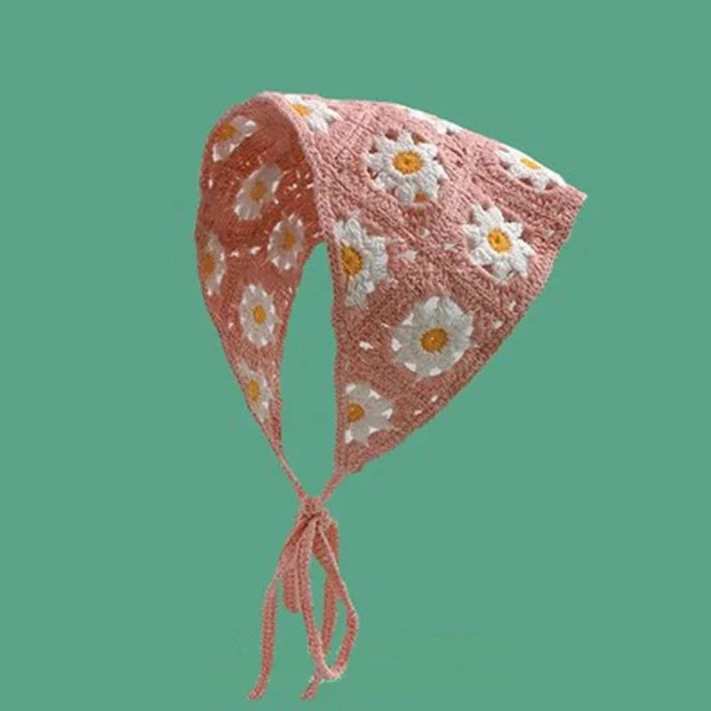 Korean Sweet Cute Handmade Crochet Hollow Triangle Headband Towel Women Spring and Summer Travel Literary Photo Hair Scarf