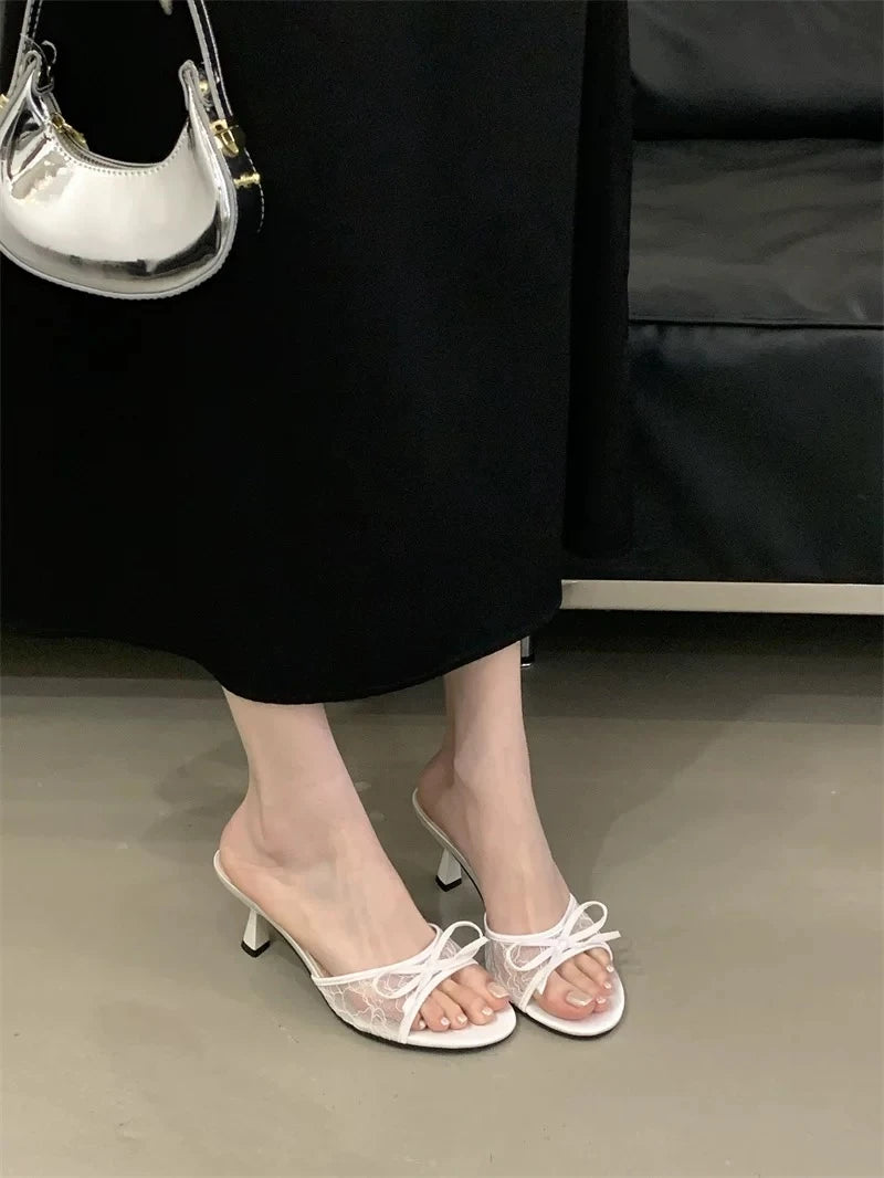 Sexy Style Bow Flat Sandals for Women 2026 Summer New Thin High Heel Open Toe Elegant Versatile Slippers
