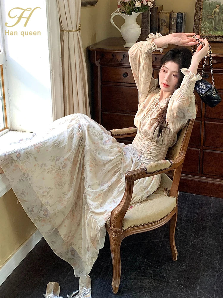 H Han Queen Women's Bohemian Chiffon Printed Dress Long Sleeve Casual Beach Holiday Wrap Waist Spring Summer
