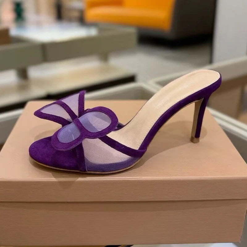 2025 New High Heels Slippers Women Mesh Big Butterfly-knot Thin Heels Lazy Sandals Summer Slides Fashion Party Dress Shoes